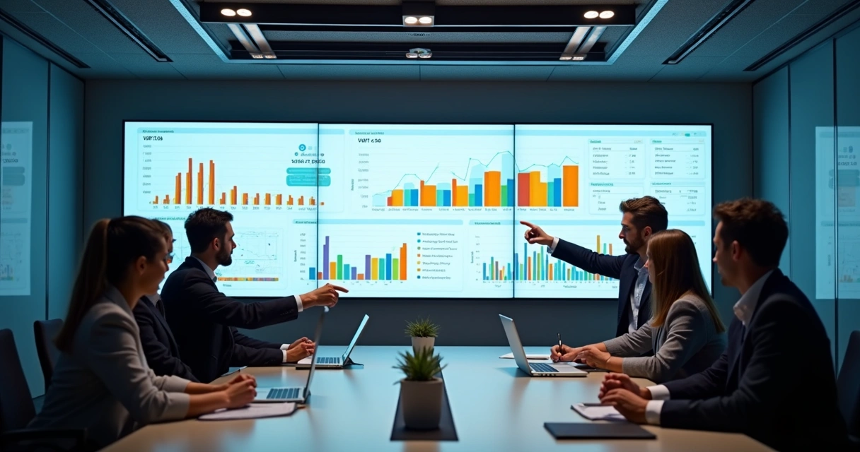 Dashboard de indicadores de TI com gráficos coloridos em uma mesa de reunião 