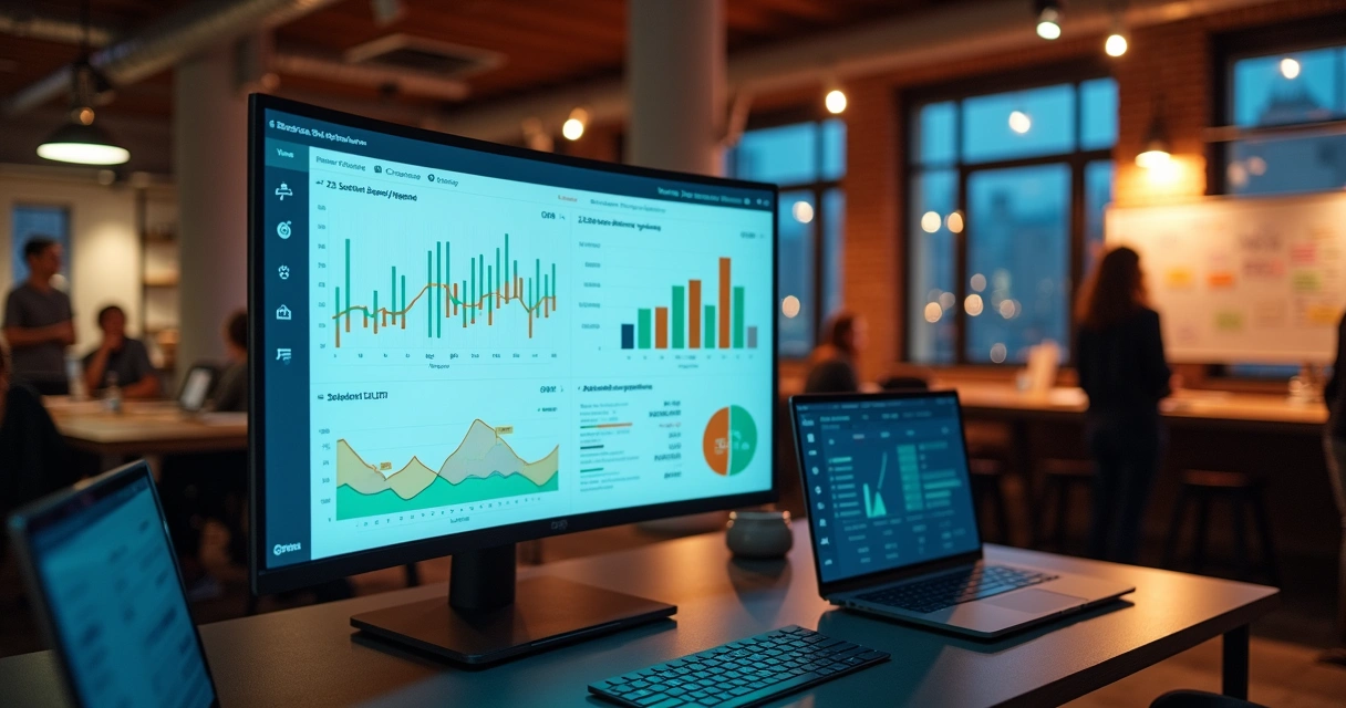 Painel com indicadores de TI e métricas de crescimento em ambiente de startup de tecnologia 