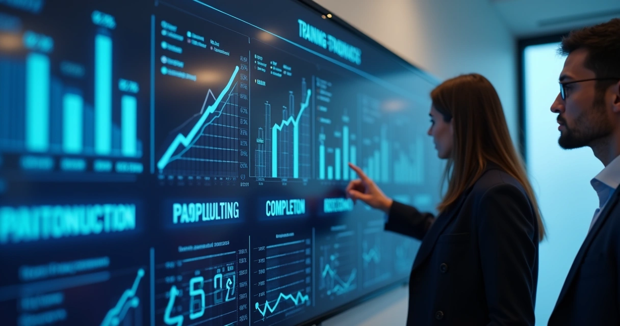 Painel digital exibindo principais indicadores de treinamento corporativo 