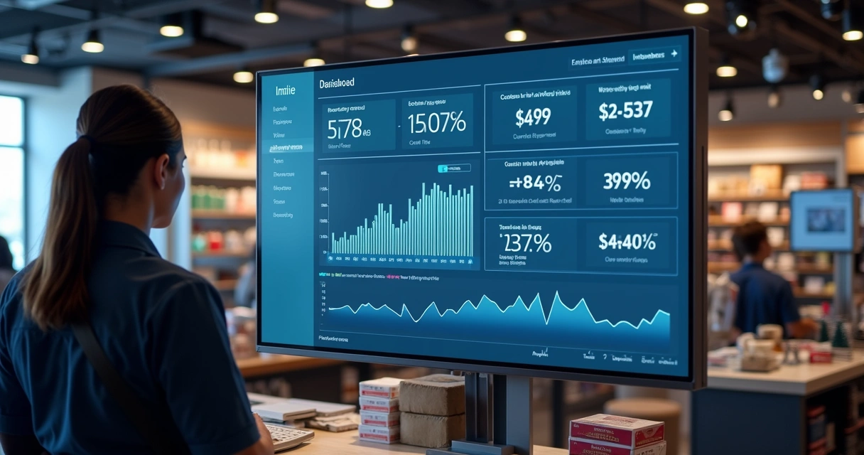 Dashboard digital com painel de indicadores de varejo visível em loja 