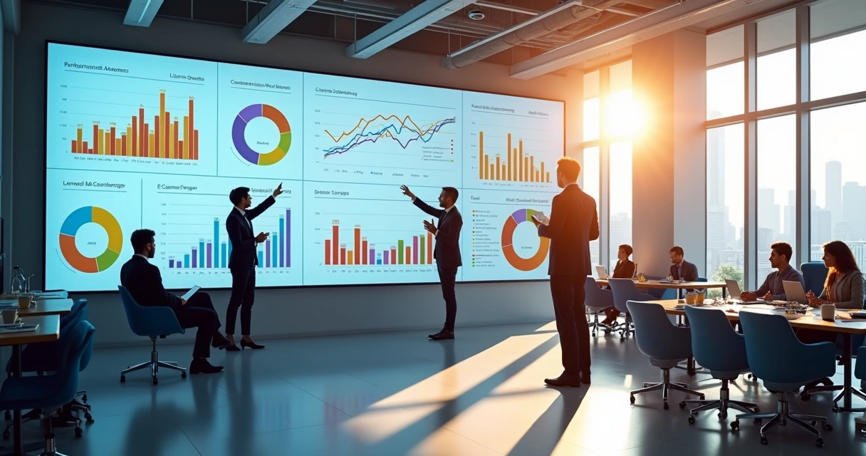 Painel de indicadores de vendas em tela grande e pessoas analisando 