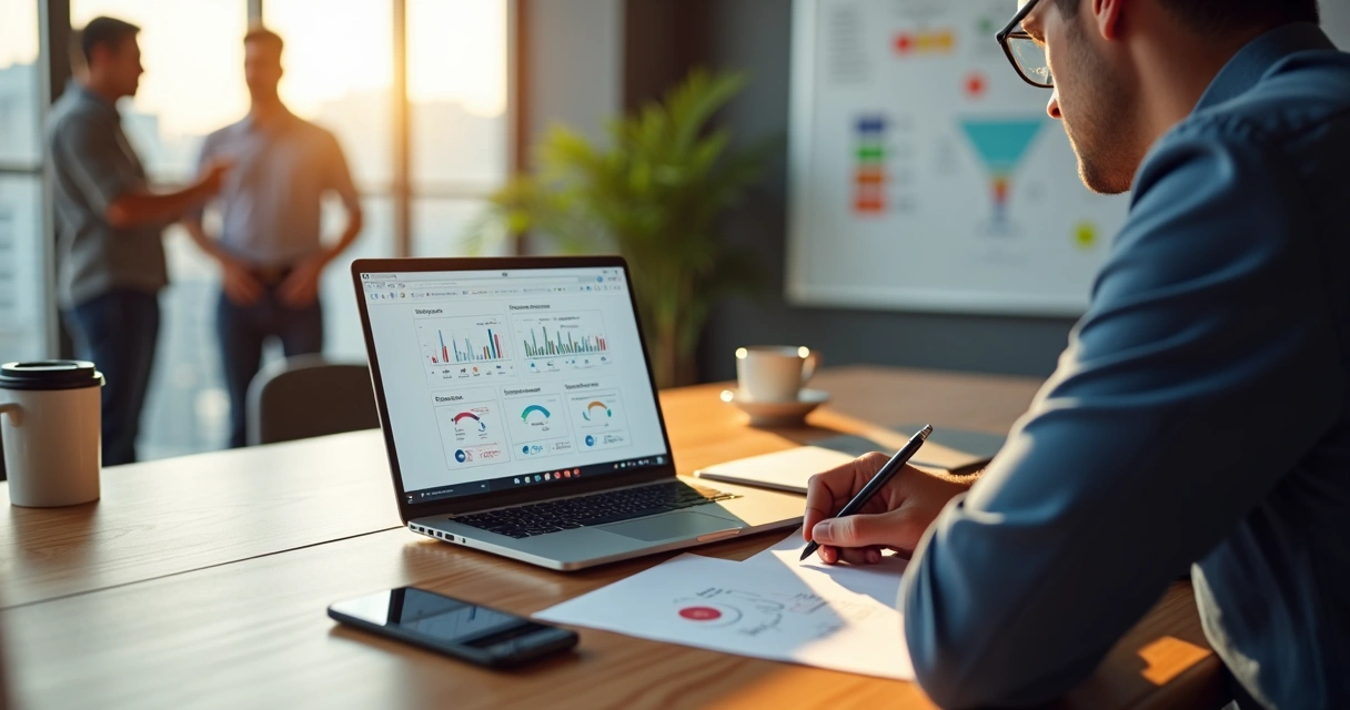 Gestor de PME brasileiro analisando painel de indicadores de vendas em notebook sobre mesa de reunião 
