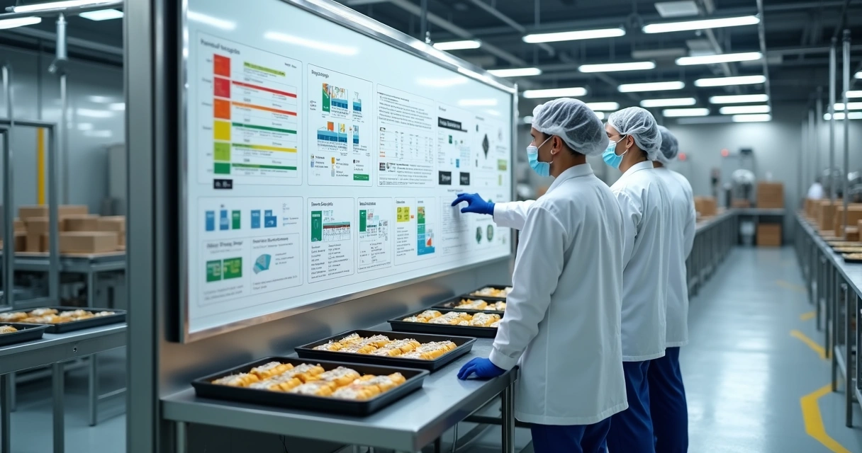 Painel colorido de indicadores visuais em fábrica de alimentos organizada 
