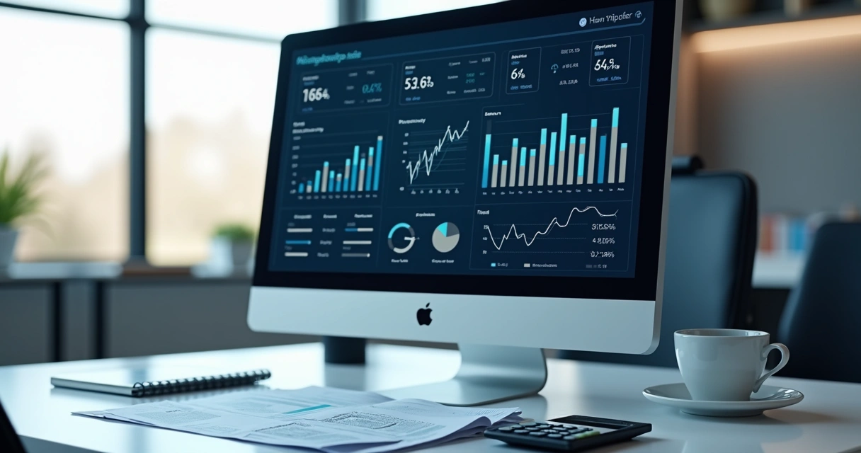 Painel digital com gráficos financeiros e indicadores contábeis 