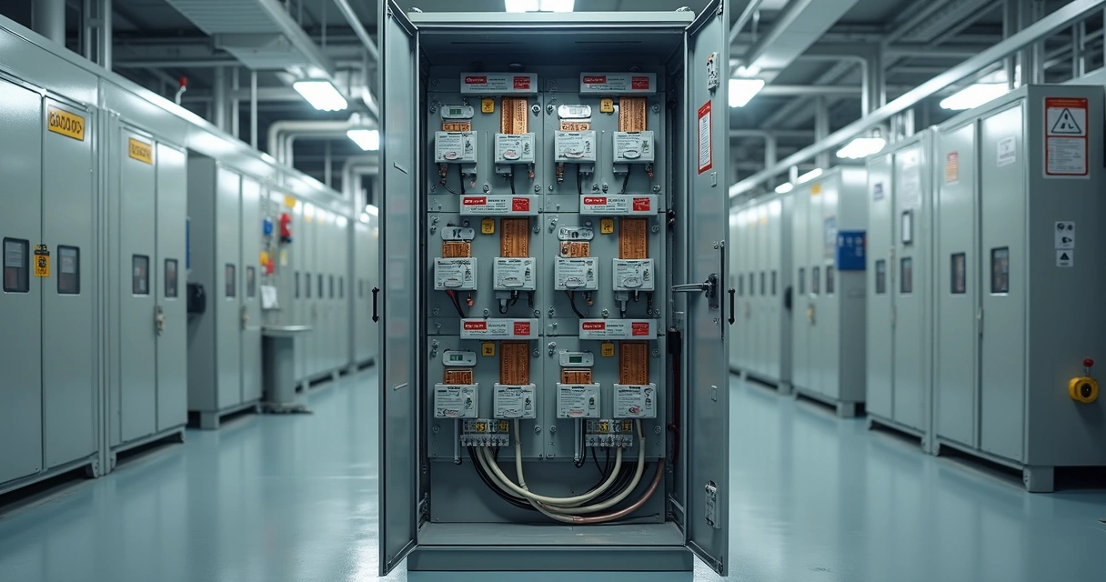 Painel elétrico industrial aberto com barramentos e disjuntores 