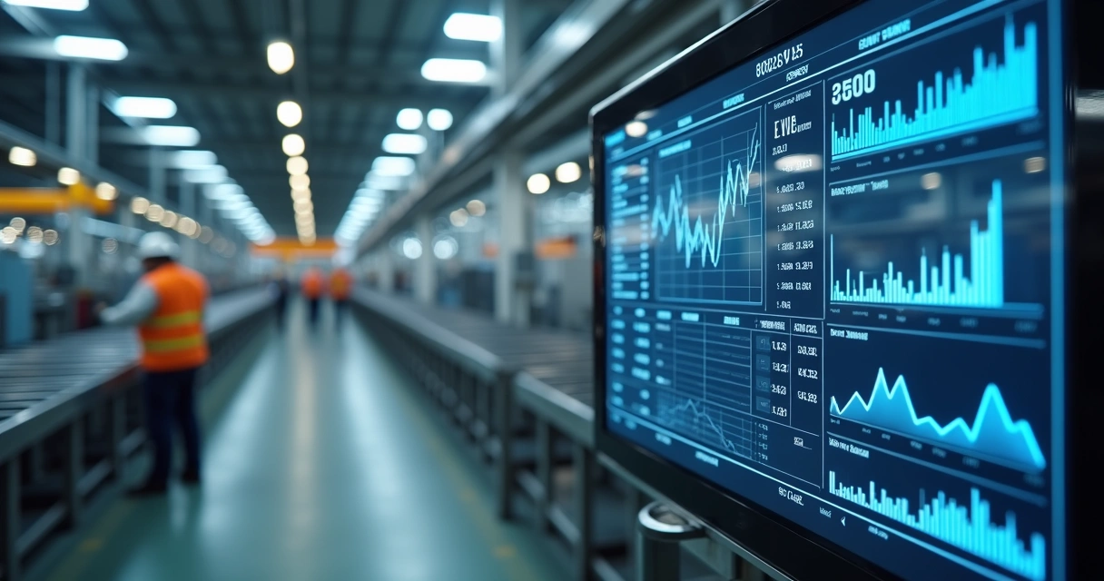 Painel digital em fábrica com linhas de produção e indicadores econômicos 