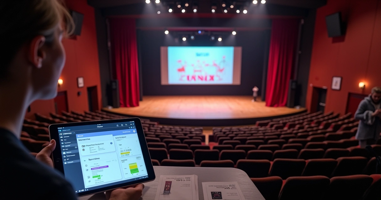 Produtor visualiza painel digital de ingressos ao lado de palco de dança vazio 