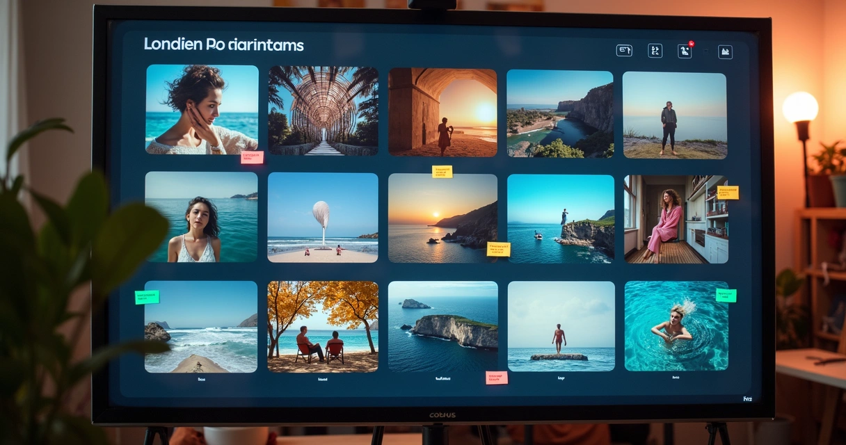 Painel digital com várias fotos organizadas em categorias visuais 