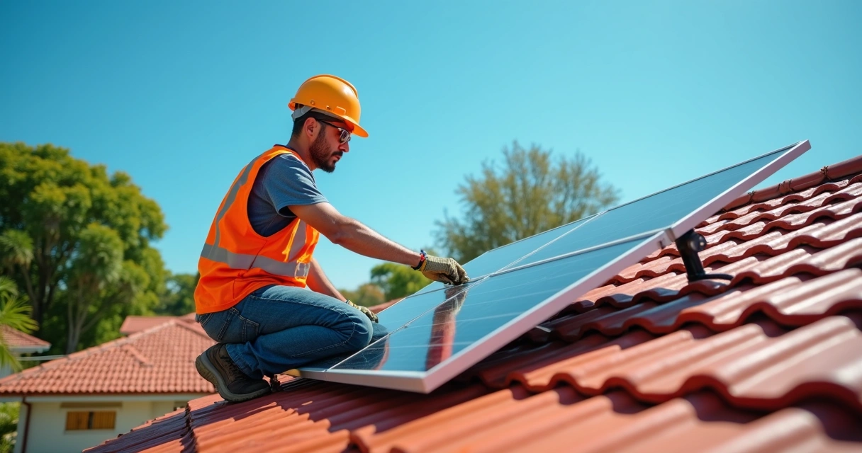 Técnico instalando painel solar em telhado 