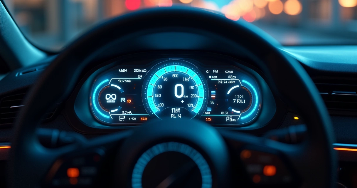 Painel de instrumentos de carro moderno com luzes de alerta digitais 