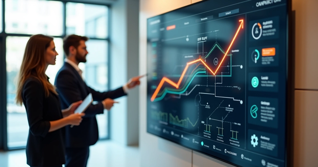 Painel digital mostram fluxo automatizado de dados e ícones imobiliários conectados 