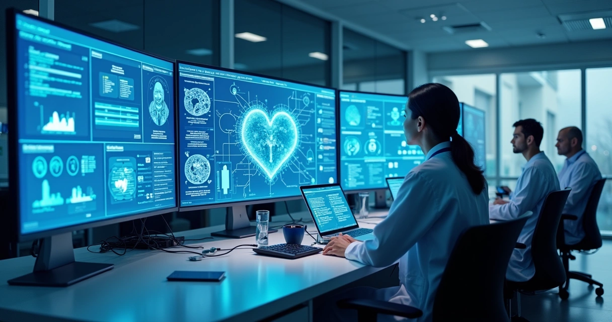 Painel com sistemas hospitalares conectados por fluxos de dados 