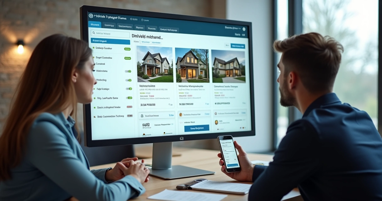 Painel de integração imobiliária com tabelas, fotos e funil de vendas 