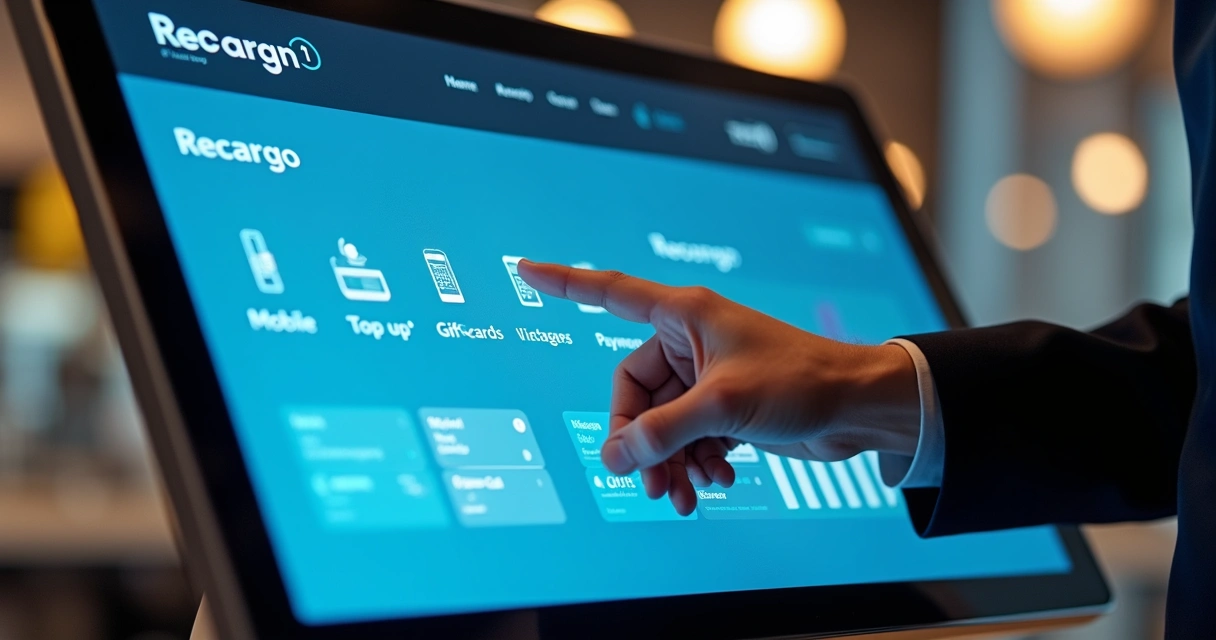 Dashboard de painel de recargas mostrando integrações com telefonia, gift cards e pagamentos 