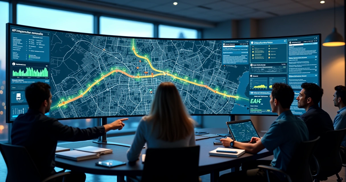 Painel digital com mapas e gráficos integrando dados de transporte urbanos 