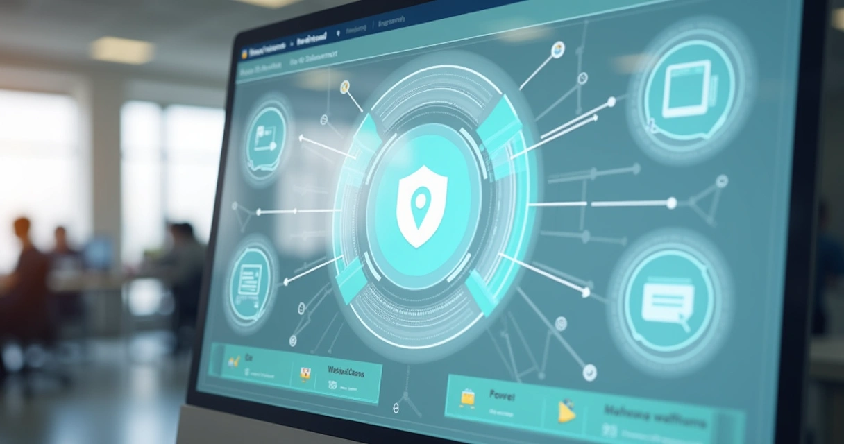 Painel ilustrativo com fluxos de integração e símbolo de webhook 