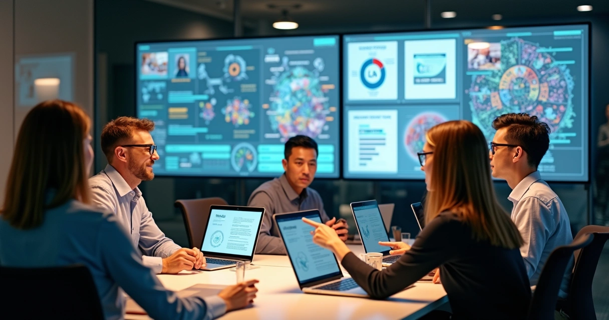 Criadores em mesa produzindo infográficos AI juntos 