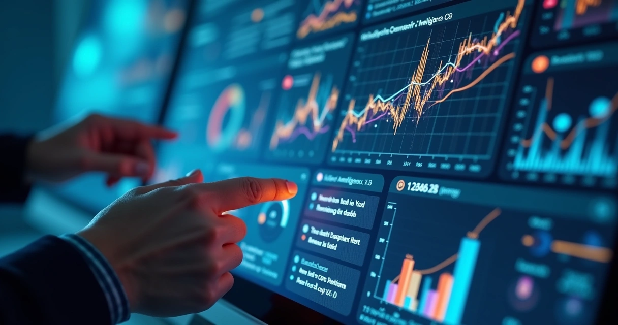 Painel digital de inteligência artificial mostrando blog, gráficos de SEO e conteúdo automatizado 