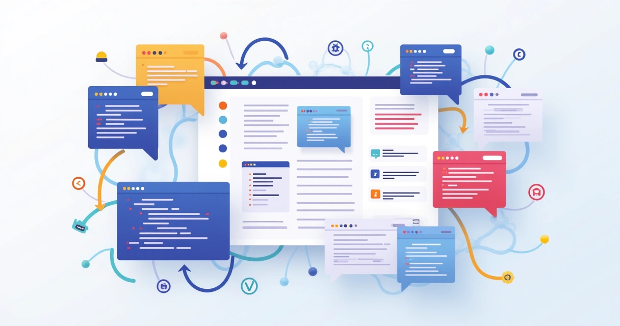 Painel com diferentes ferramentas de inteligência artificial para programação, exibindo fluxos de código interconectados