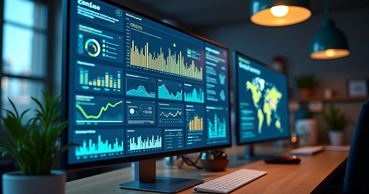 Painel de inteligência de dados com gráficos coloridos e indicadores de vendas crescentes 