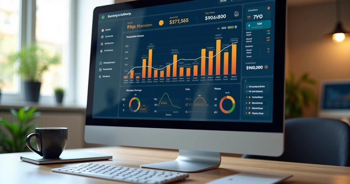 Dashboard financeiro digital com gráficos e saldo em destaque