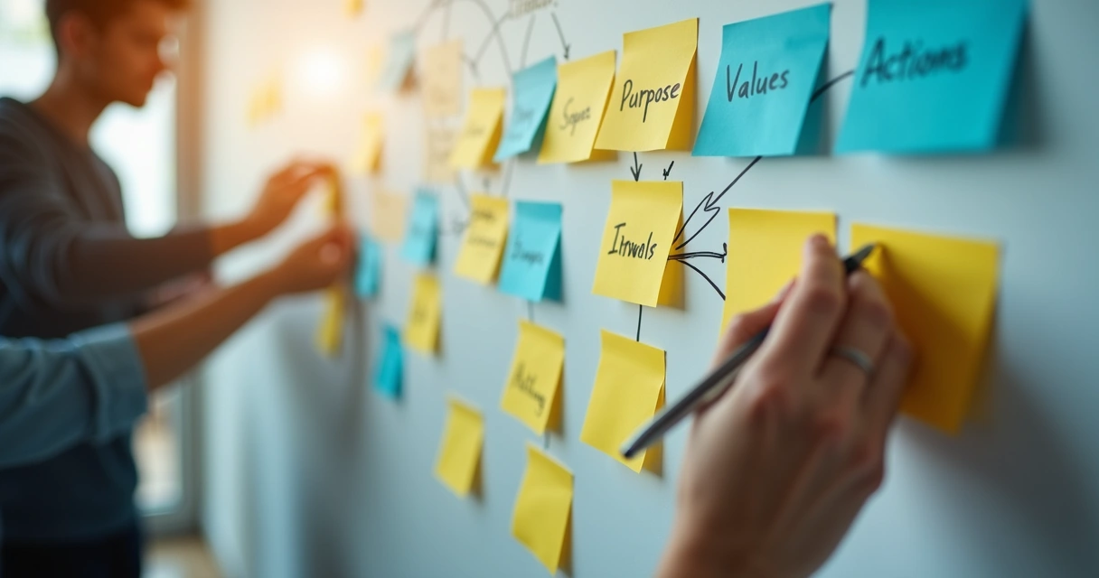 Painel com metas, valores e ideias conectadas em grupo