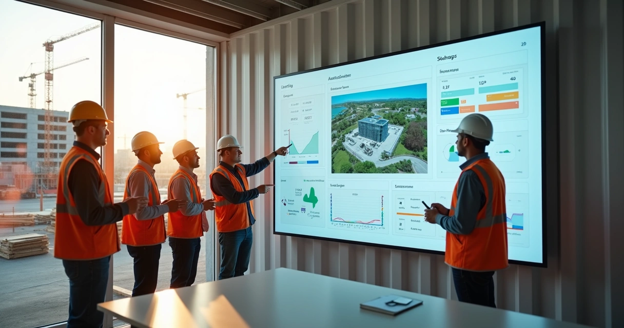 Gestores de obra usando painel interativo em contêiner de canteiro de obras 