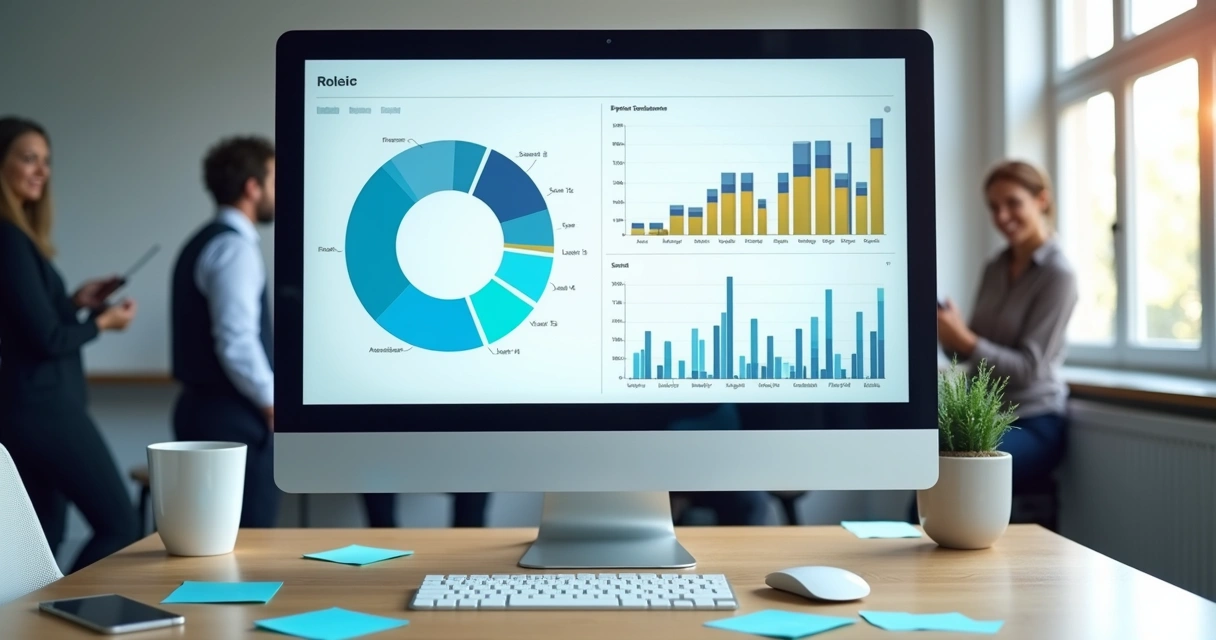 Painel de dados interativo com gráficos coloridos e filtros visíveis 