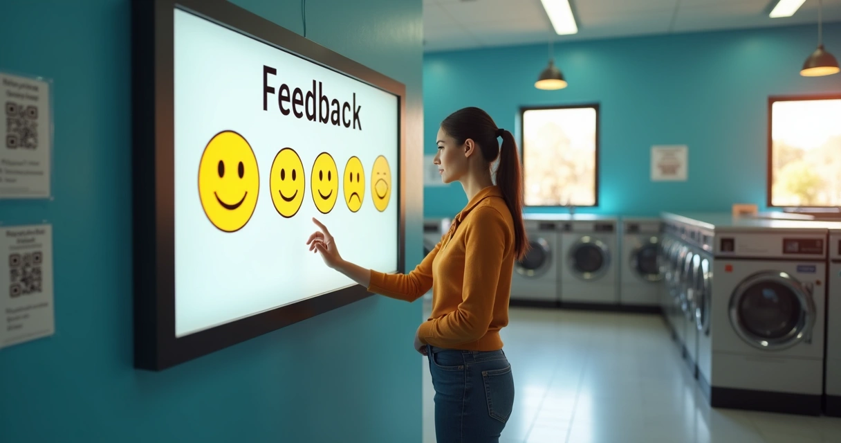Cliente usando painel interativo para avaliação em lavanderia 