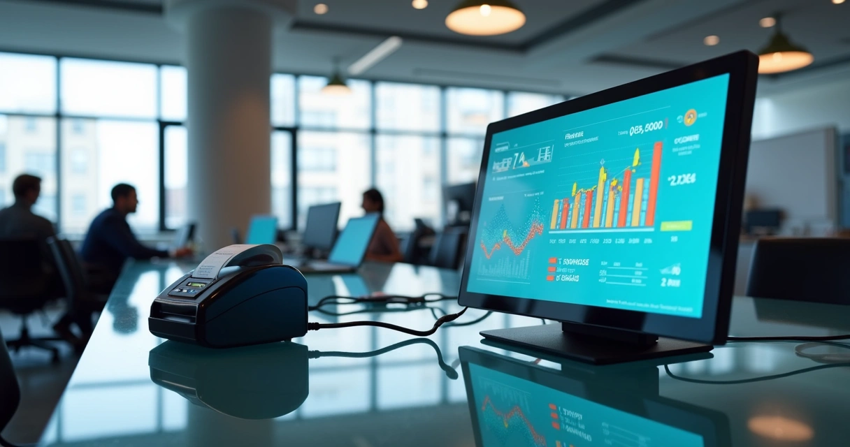 Painel interativo mostrando dados fiscais ao lado de uma impressora fiscal