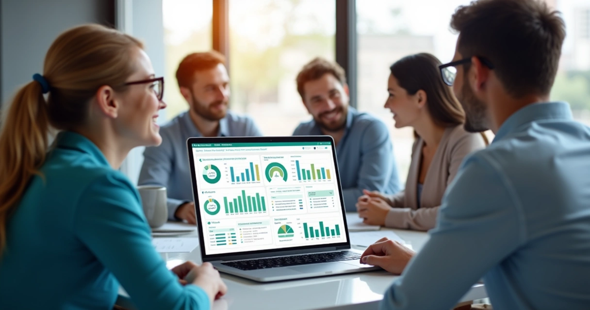 Painel interativo de RH com gráficos coloridos e tabelas em tela de notebook 