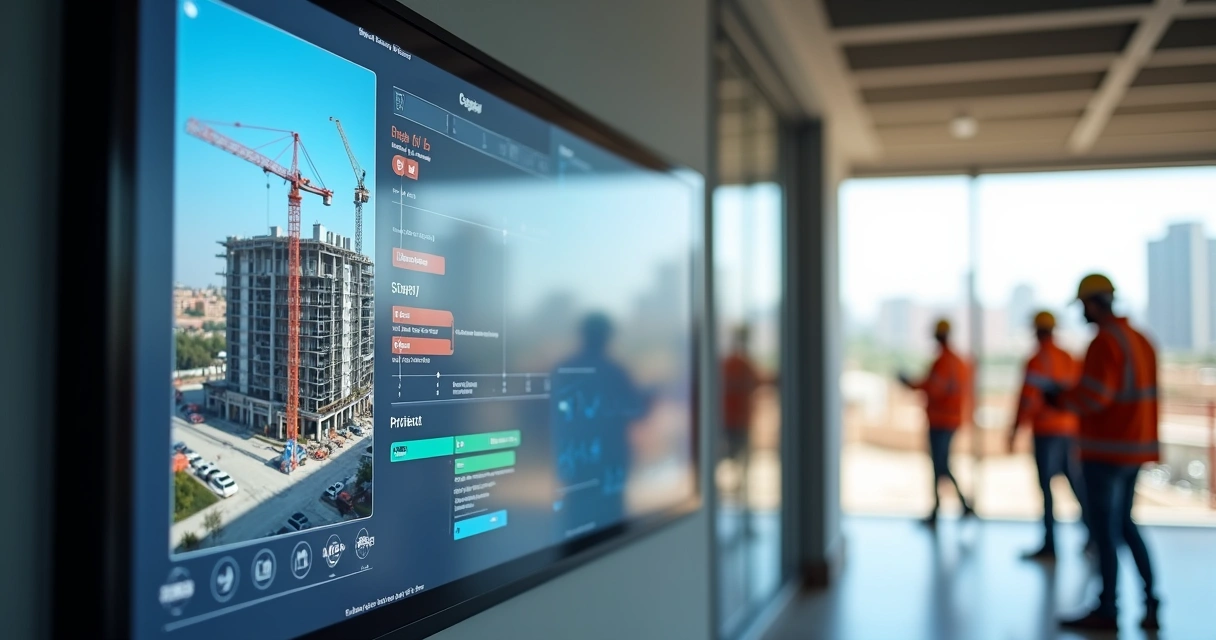 Painel digital exibindo monitoramento de obra no canteiro 