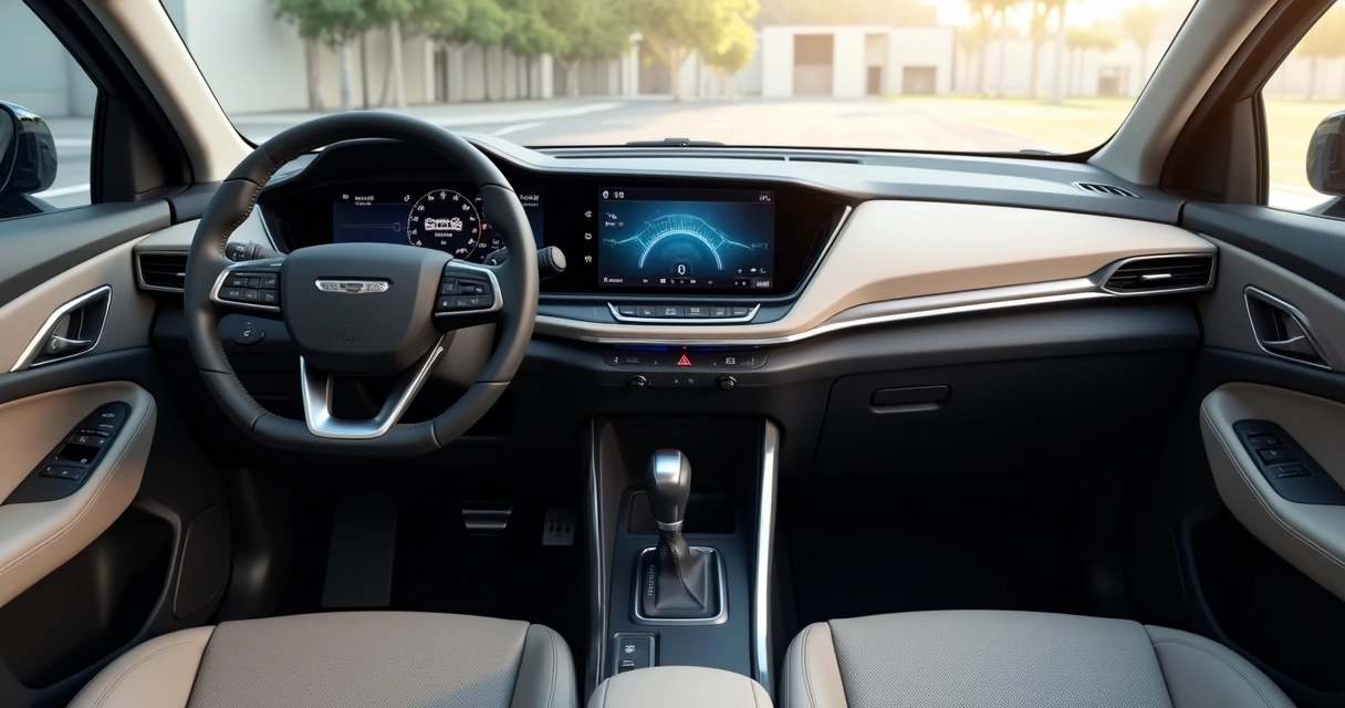 Painel digital do Geely EX2 com central multimídia grande e volante de dois raios