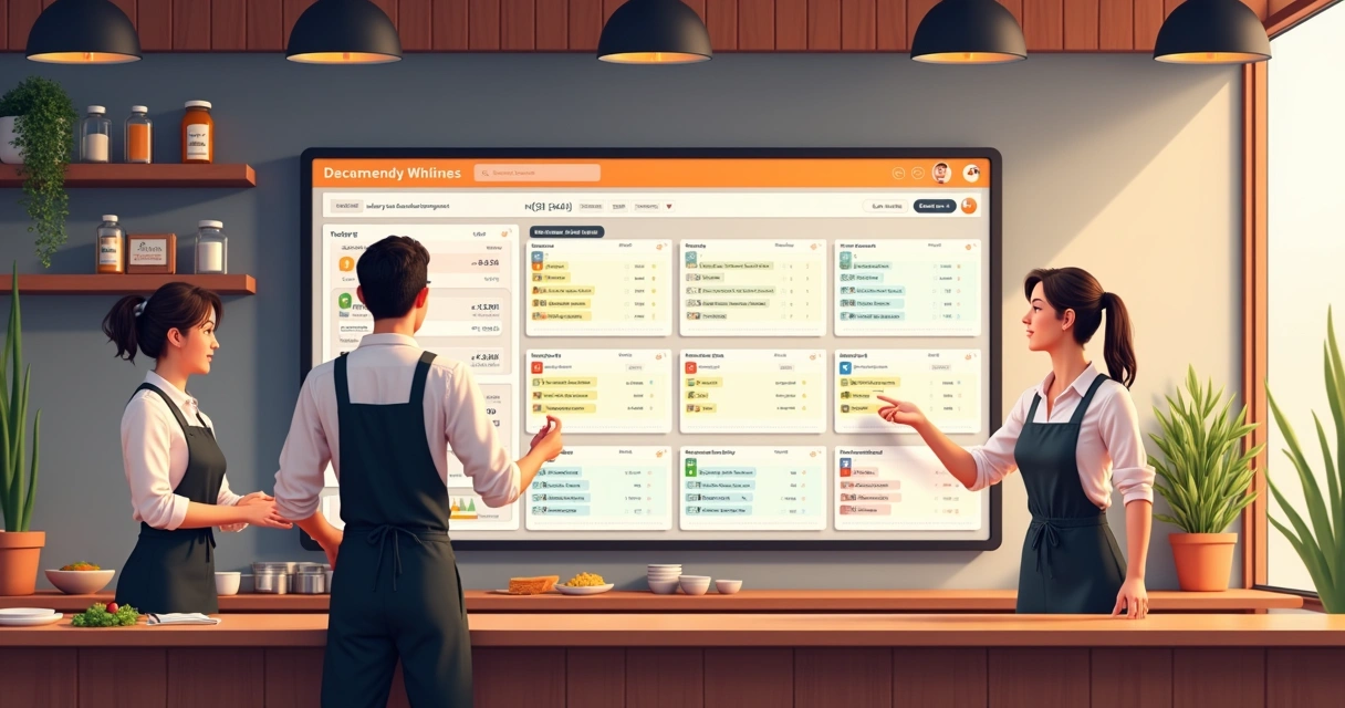 Painel visual de pedidos delivery com cartões coloridos 