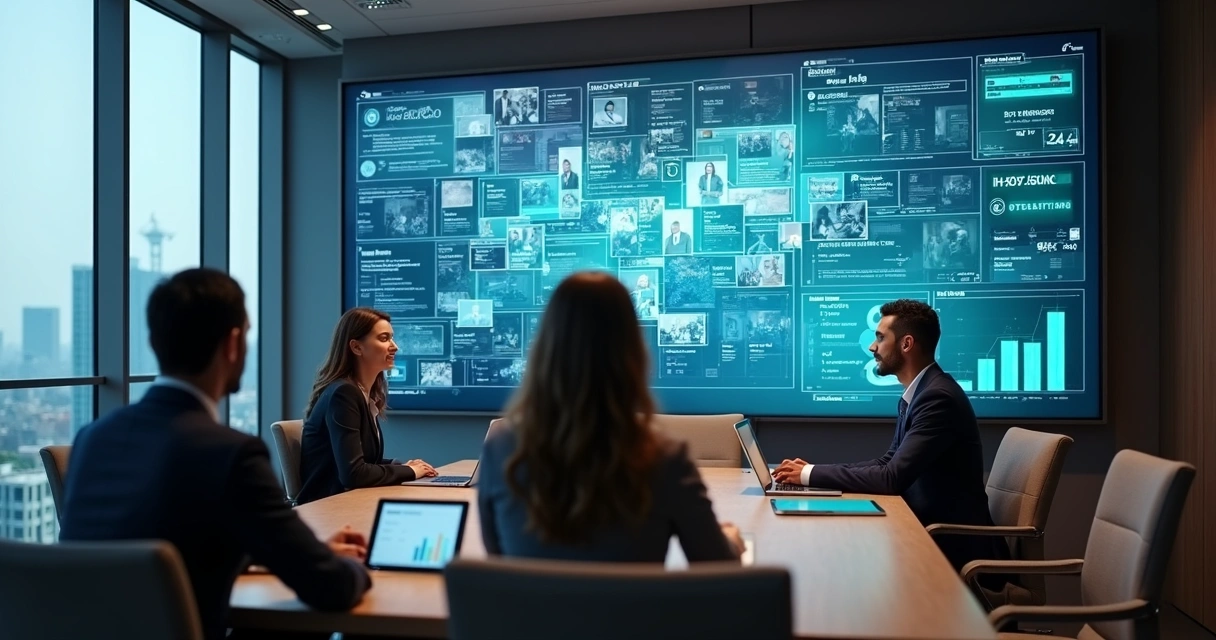 Sala com painel digital exibindo mosaico de vagas e filtros de candidatos 