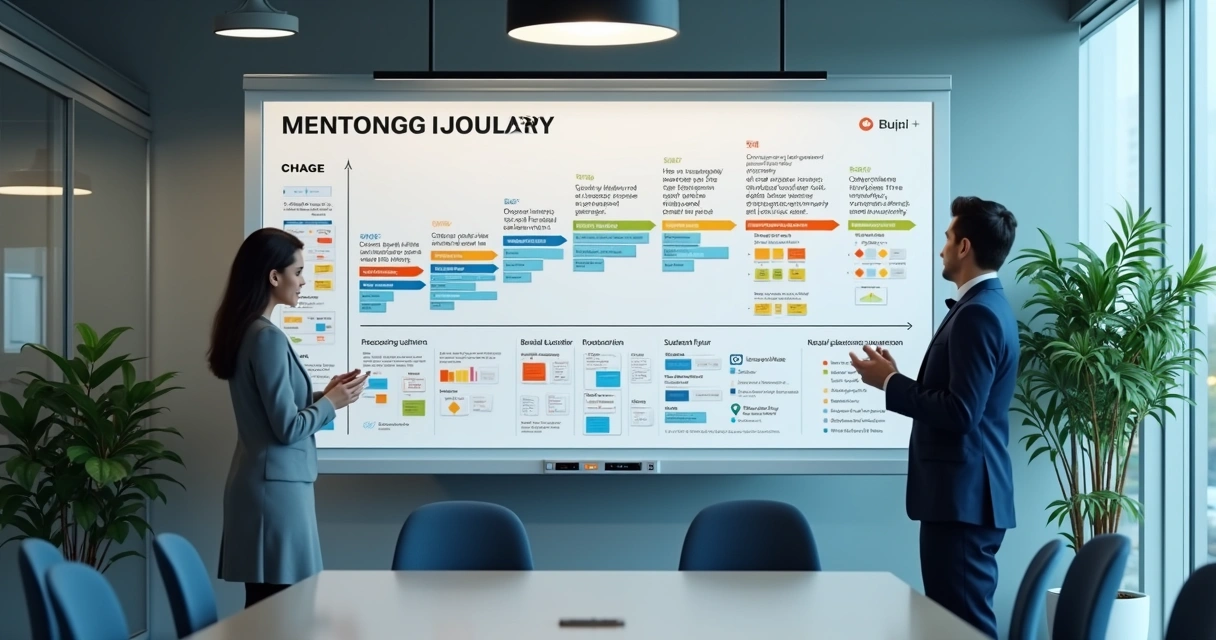 Painel com etapas da jornada de mentoria em ambiente corporativo 