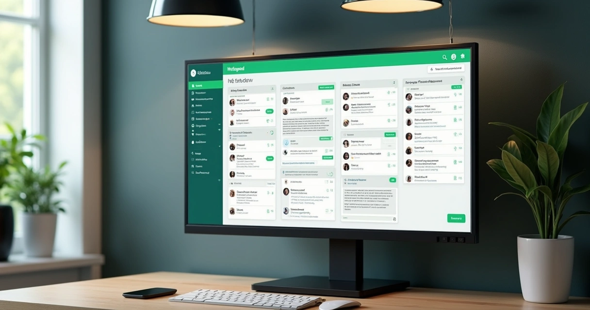 Painel Kanban digital com múltiplos atendentes organizando mensagens do WhatsApp em diferentes fases de atendimento 