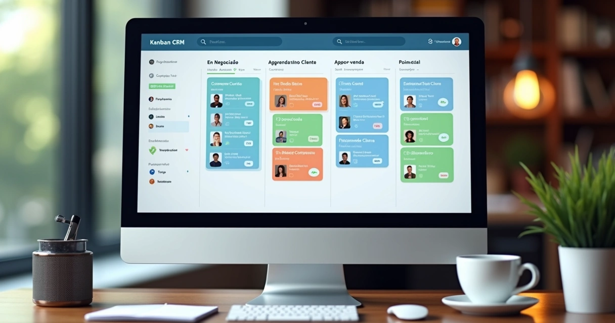 Painel Kanban de CRM mostrando etapas de vendas e contatos organizados 