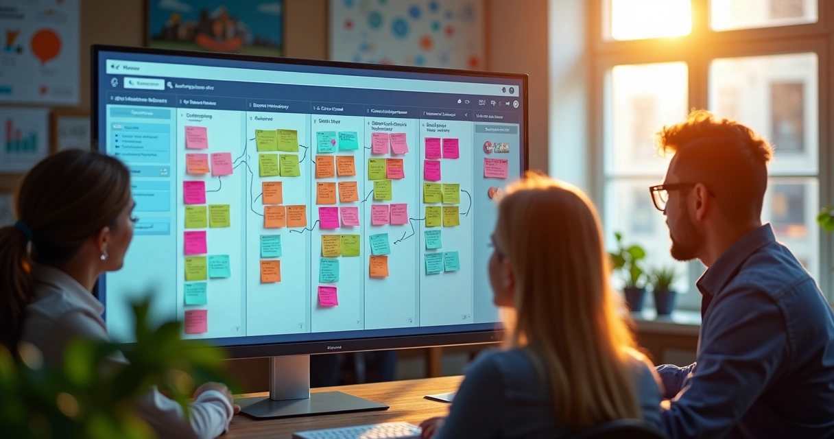 Painel kanban digital exibido em tela de computador com post-its coloridos e membros da agência acompanhando