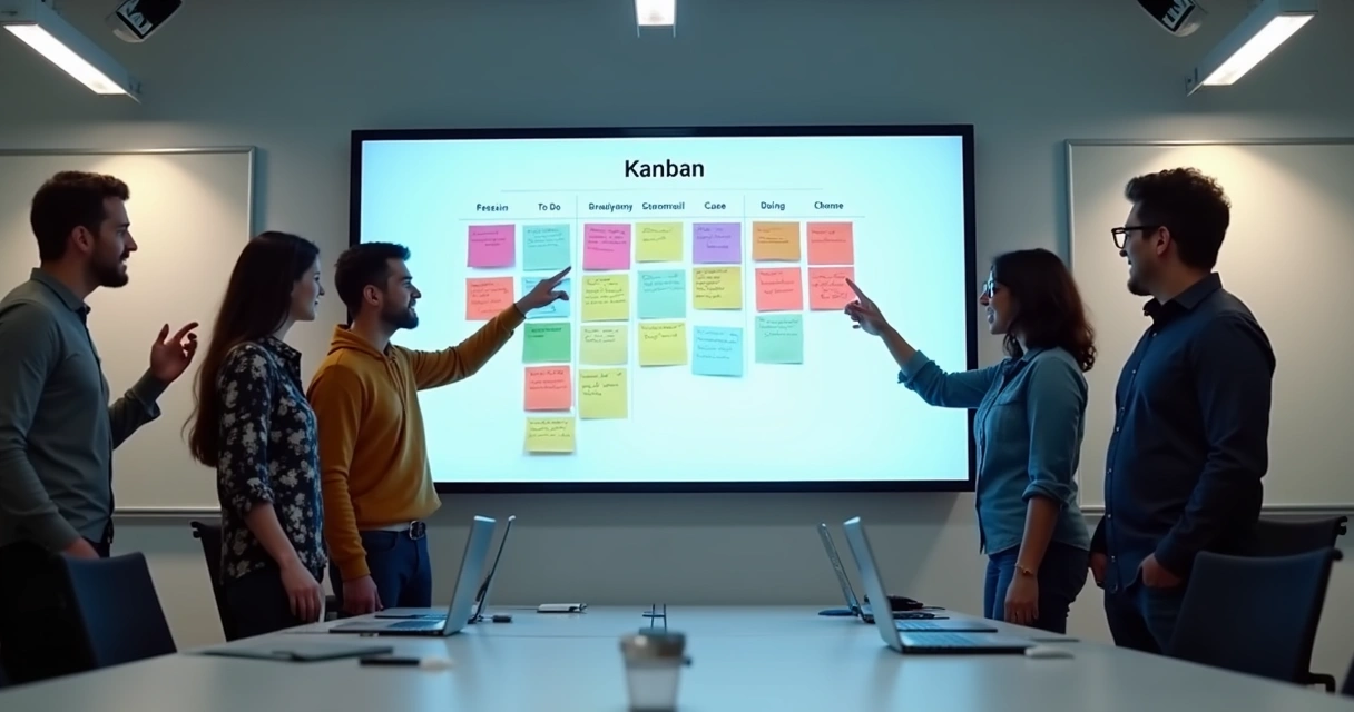 Painel Kanban digital em monitor e equipe reunida 