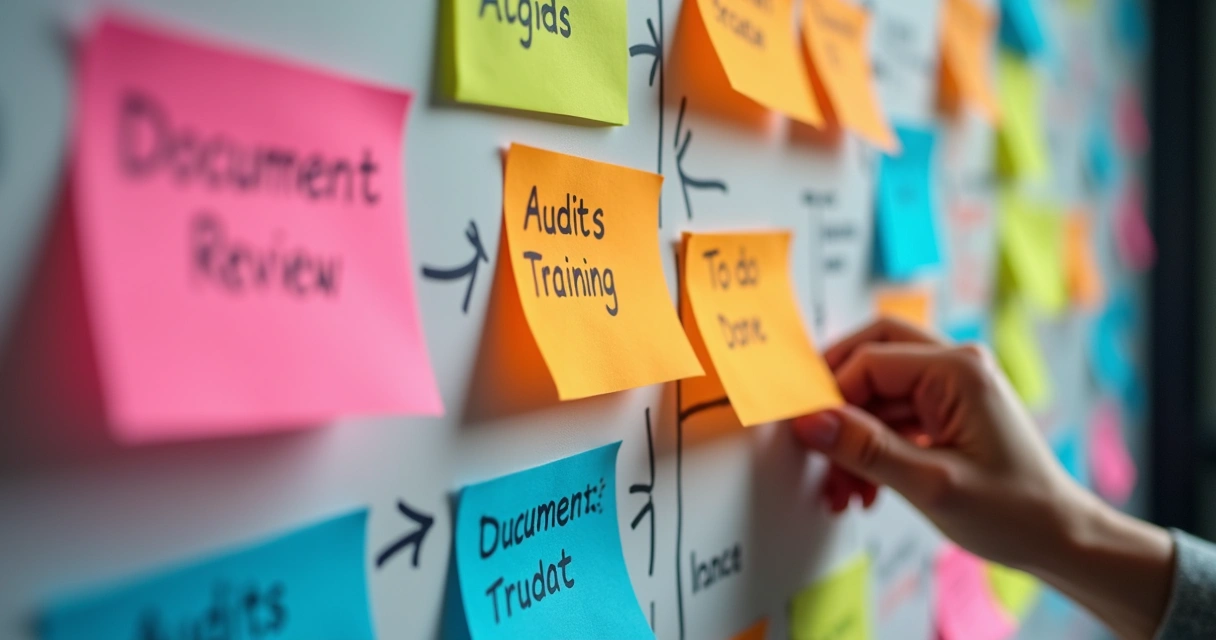 Painel Kanban colorido com cartões de tarefas para ISO 9001 