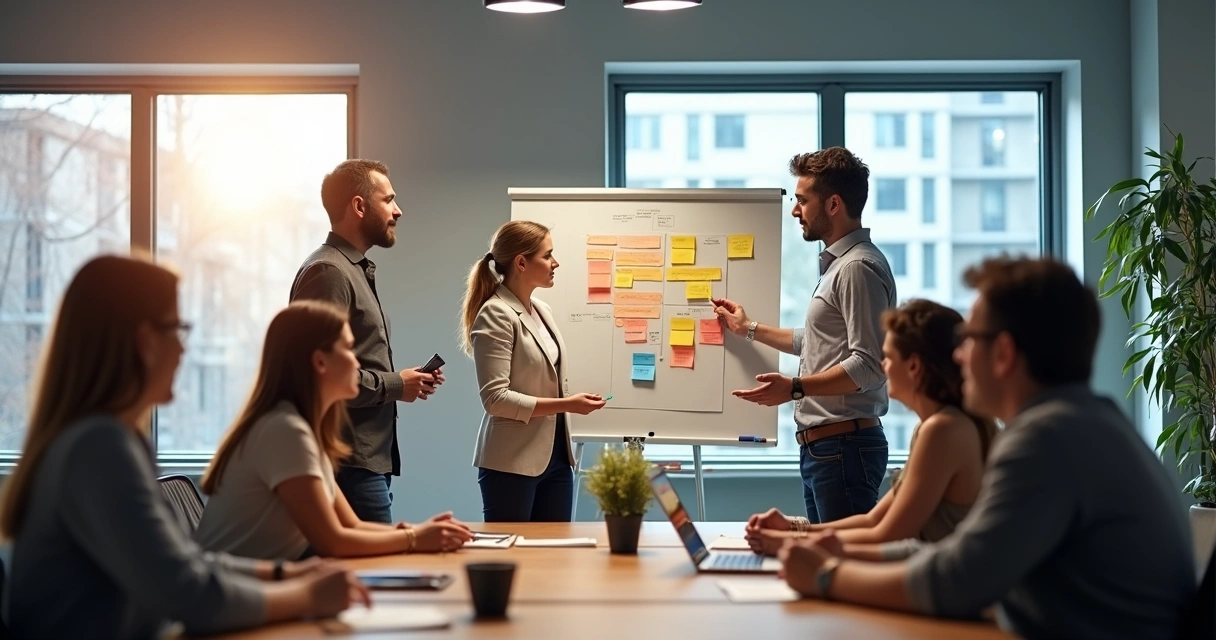 Equipe discutindo painel Kanban em reunião de negócios 