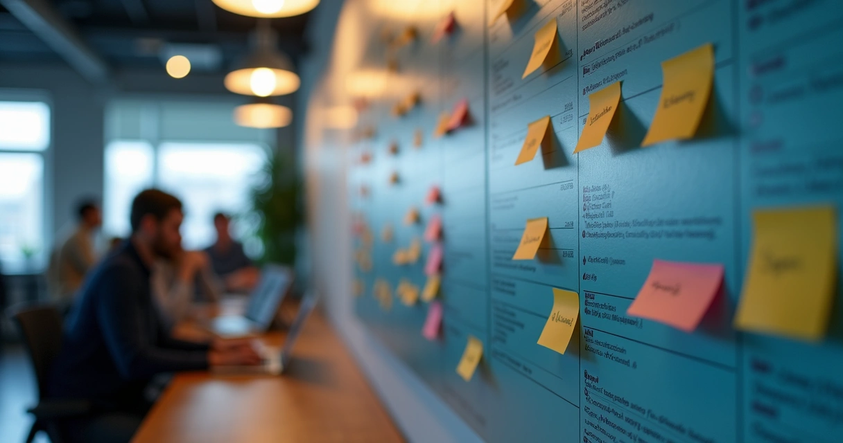 Painel kanban sendo usado em ambiente de desenvolvimento de software 