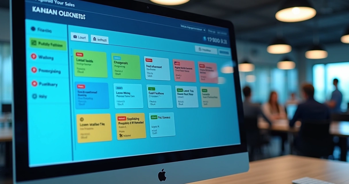 Painel Kanban digital com cartões de leads em diferentes etapas