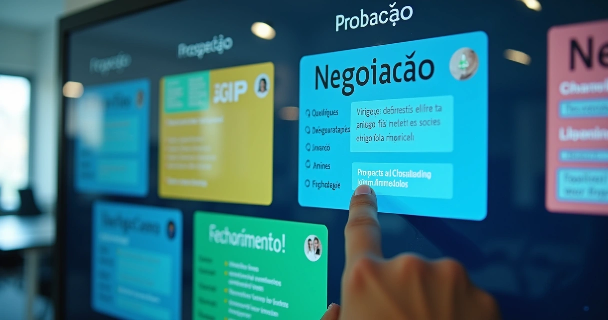 Painel kanban digital com cartões representando etapas de vendas no WhatsApp