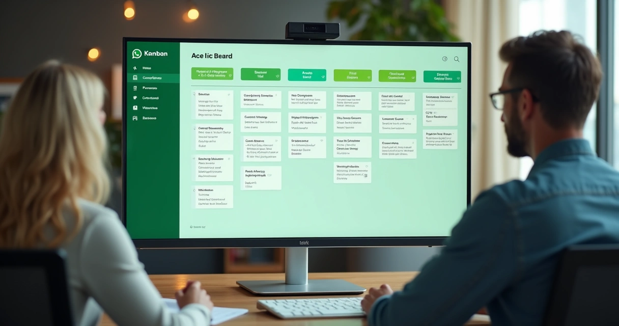 Painel Kanban digital para gestão de vendas no WhatsApp, com cartões de clientes organizados, interface limpa em verde e branco. 