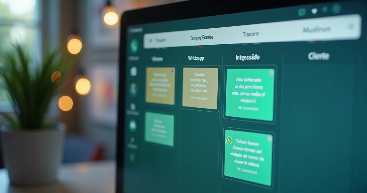 Painel Kanban digital com chats do WhatsApp organizados em etapas 