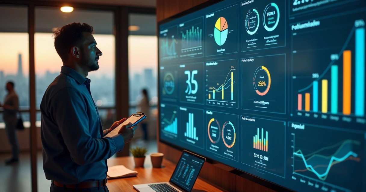 Gestor observa grande painel colorido de KPIs em escritório moderno 