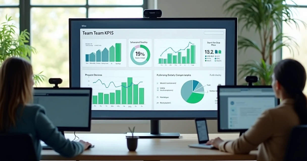 Painel digital exibindo KPIs de equipe em ambiente de trabalho remoto 