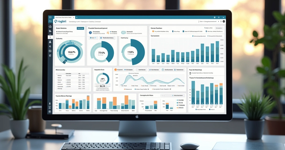 Painel de indicadores de desempenho imobiliário com gráficos, funil de vendas e métricas em tela de computador. 
